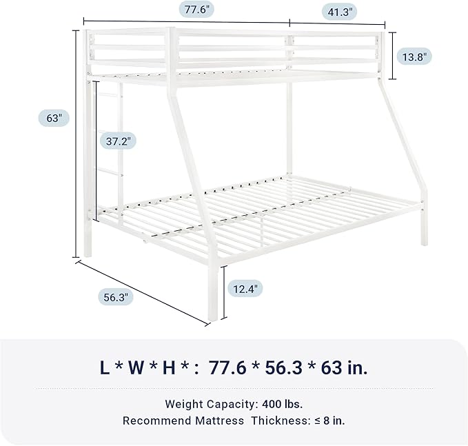 Allewie Metal Bunk Bed Twin Over Full Size for Junior & Adults with Ladder and Heavy Duty Guardrail, Small Space Saving Design for Bedroom Kid Room and Dorm, White