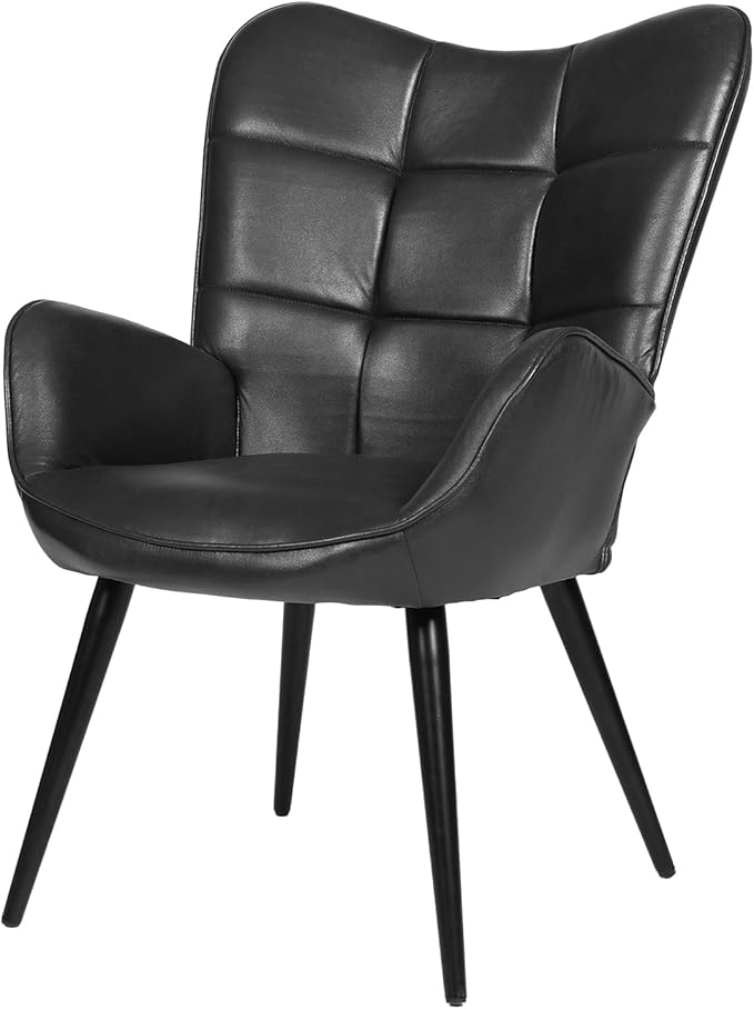 Modern Dining Room Chairs, Mid Century Faux Leather Kitchen Chairs with Back Support and Metal Legs, Accent Upholstered Dinner Chair for Kitchen, Dining Room, Living Room, Restaurant, Black