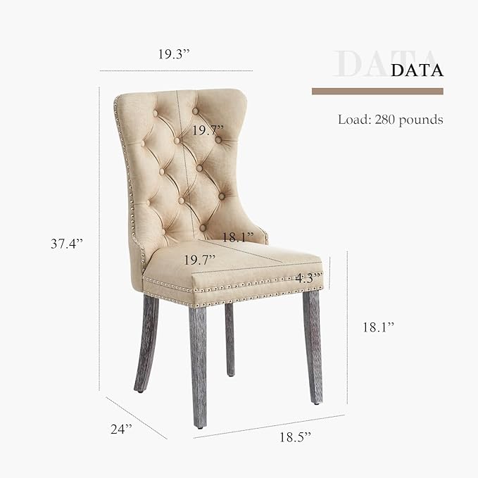 Leather Dining Chair Set of 2, Dining Room Chairs with Nailhead Ring Pull Trim, Upholstered Dining Chairs with Solid Wood Legs for Kitchen Dining Room (Beige)