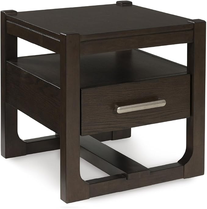 Signature Design by Ashley Breckington Modern End Table with 1 Drawer, Open Shelf and Trestle Base, Dark Brown