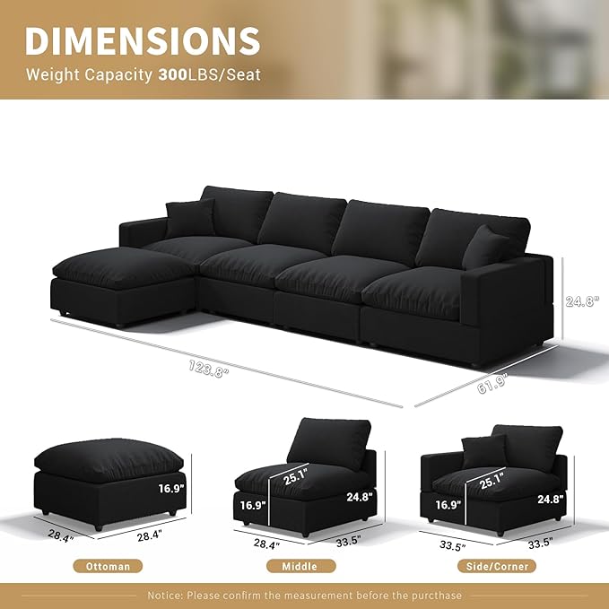 Modern Sectional Linen Couch for Living Room L-Shape Sofas,5 Seat Modular Cloud Sofas,Couches Cushion Covers Removable,Cozy Feather Down Sofa for Apartment Black