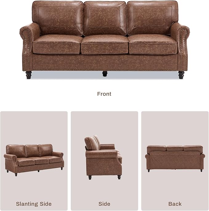 Kingfun Mid-Century Modern Couch, Faux Leather Sofa, 3 Seater Couch for Living Room with Rolled arms & Nailhead Trim, Dark Brown