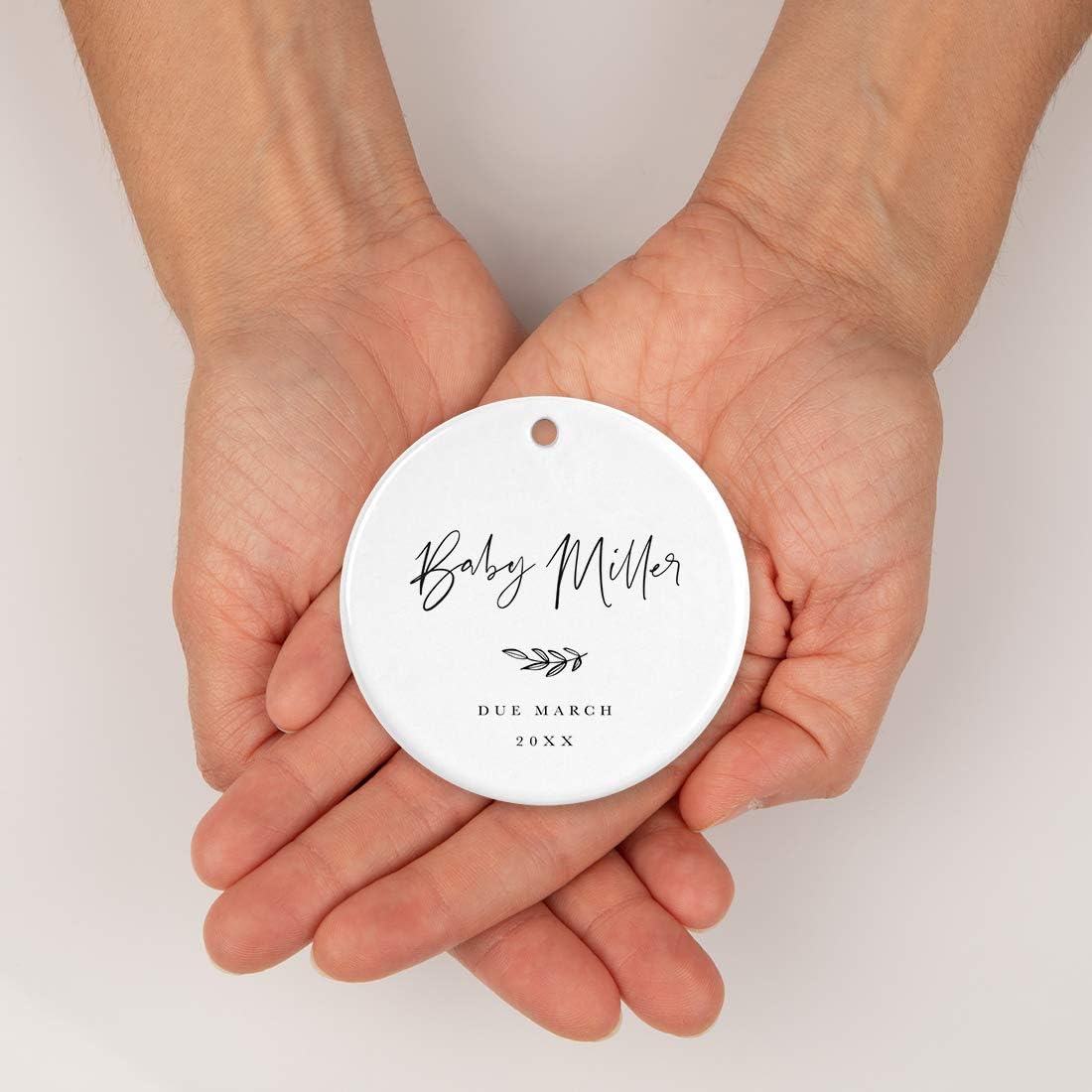 Andaz Press Personalized Round Ceramic Porcelain Christmas Tree Ornament Keepsake Collectible Gift for New Baby, Baby Miller Due March 2024, Antique Handdrawn, 1-Pack
