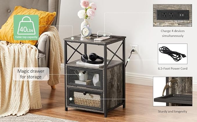 VECELO Misty Gray End Table with USB Ports and Outlets,24 Inch Nightstands with Charging Station and Storage Shelf for Bedroom,Living Room, 2 Set
