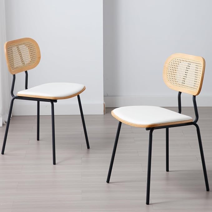Mid-Century Modern Rattan Cane Back Dining Chairs Set of 4 — PU Leather Upholstered Seat, Black Metal Legs, Kitchen Side Chairs for Kitchen & Dining Room, White