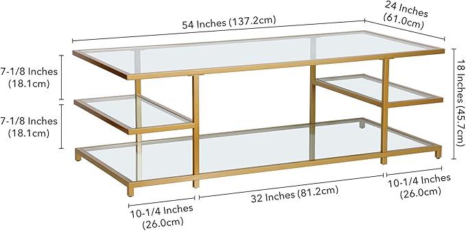Henn&Hart 54" Wide Rectangular Coffee Table in Brass, for Home, Living Room, Bedroom, Entertainment Room, Office