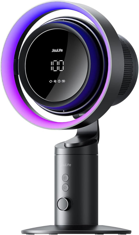 JISULIFE Table Purifier Fan, 3-in-1 Air Purifier Cool: HEPA H11 Filter, 7-Color RGB Light, 100-Speed, 10000mAh Battery, 120° Oscillating Desktop Fan for Gaming/Office Desk