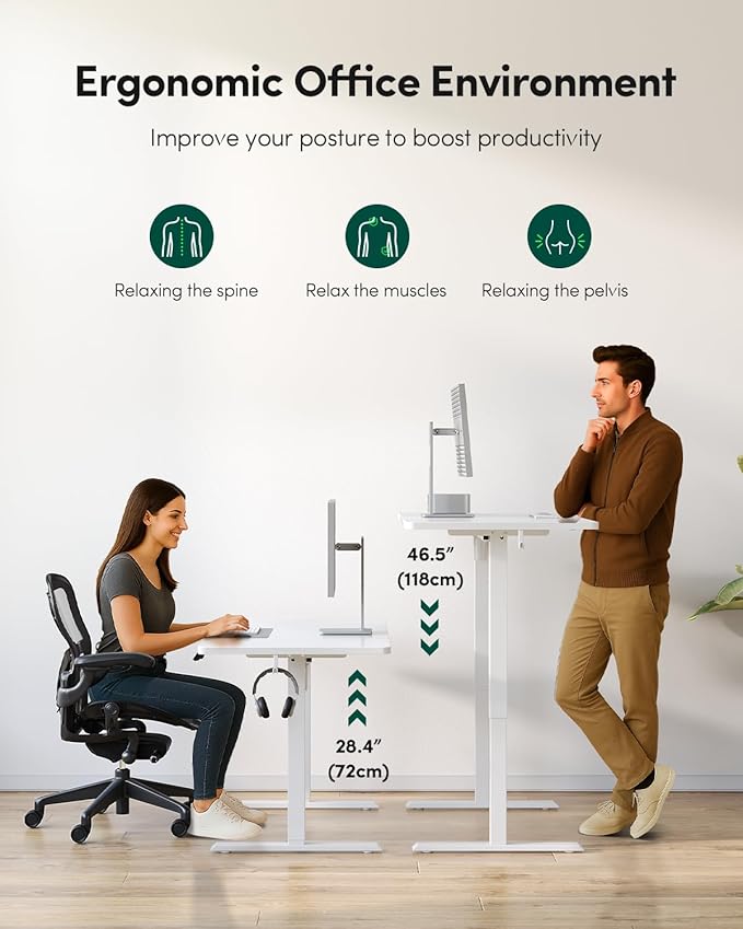 FEZIBO One-Piece Standing Desk Adjustable Height Stand up Home Office Desk, 55x24 Inch Electric Standing Computer Desk, with 4 Memory Presets, Headphone Hook, White