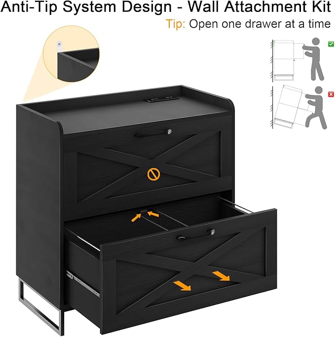Lateral File Cabinet with Charging Station, 2 Drawer File Cabinet for Letter/Legal/A4 Size Hanging Files, Large Wood File Storage Cabinets Printer Stand for Home Office, Black