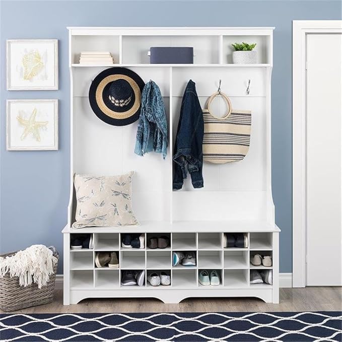 Prepac White Hall Tree, Shoe Cabinet, Storage Cabinet with 24 Shoe Cubbies and 6 Double Coat Hooks 15.5" D x 60" W x 77" H