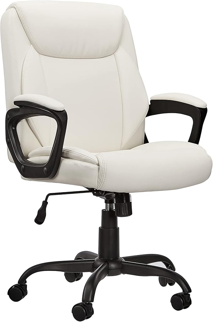 Amazon Basics Classic Puresoft PU Padded Mid-Back Height Adjustable Office Computer Desk Chair with Armrest, 26"D x 23.75"W x 42"H, Cream