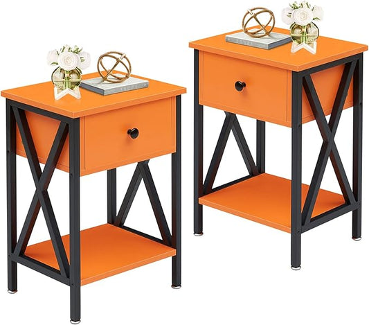 VECELO End Tables, Modern Nightstand with Drawer & Shelf, Night Stand for Bedroom Living Room,Industrial Metal Frame