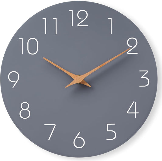 Mosewa Wall Clock 14 Inch Gray Battery Operated Silent Non Ticking Simple Modern Wood Clock Decorative for Bedroom Living Room Kitchen Home Office