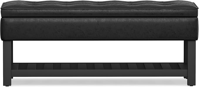 SIMPLIHOME Cosmopolitan Storage Ottoman Bench - 44 inch Wide Upholstered Vegan Leather Rectangle Storage Ottoman in Distressed Black, Transitional Bench for Bedroom with Tufted Lift-Top and Open Shelf