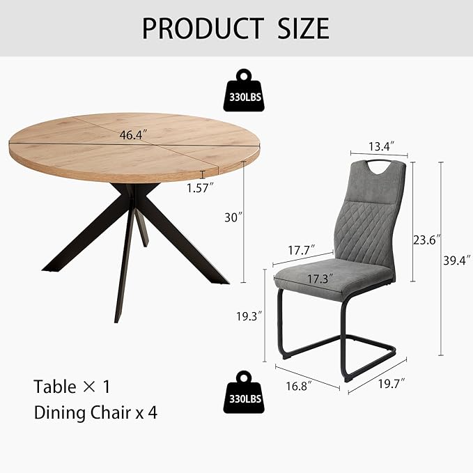 46.4" Dining Table and Chair Set, Mid Century Modern for Set of 4, Coffee Table with Steel Legs for Kitchen Dining Room, Office, Save Space