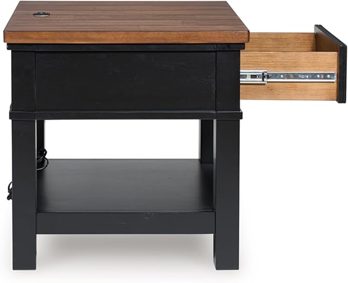 Signature Design by Ashley Wildenauer Farmhouse 1-Drawer End Table with Lower Shelf and USB Ports, Light Brown & Black