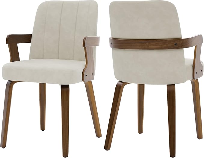 Kitchen Dining Chairs Set of 2, Faux Leather Upholstered Dining Room Chairs with Wood Arms and Legs, Mid Century Modern Kitchen Side Chair for Living, Bedroom, Restaurant, Walnut/Beige