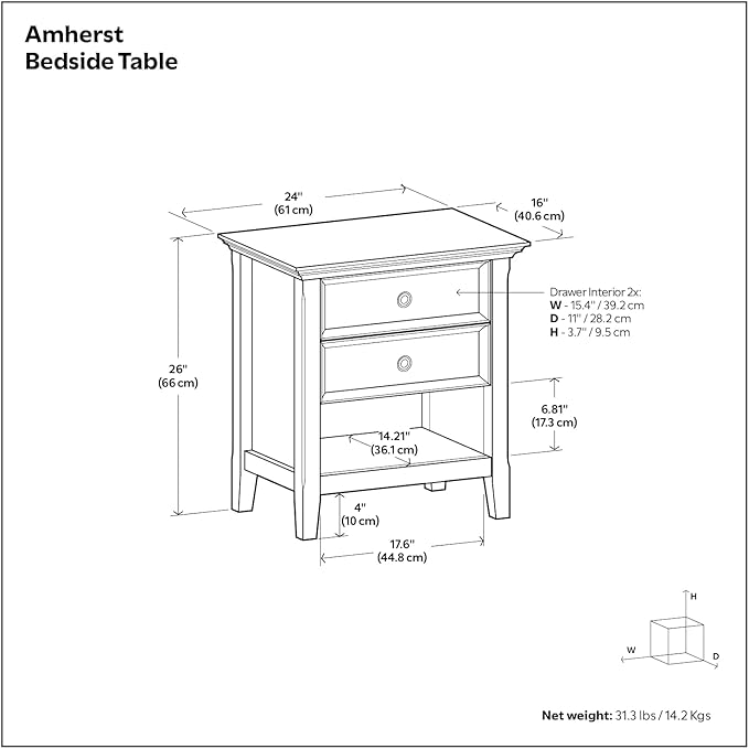 SIMPLIHOME Amherst Bedside Table - 24 inch Wide Solid Wood Nightstand Table in Hickory Brown, Transitional Bedroom Side or End Table with 2 Drawers, Open Storage Shelf and Bronze Hardware