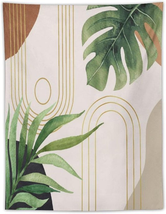 Abstract Boho Tapestry, Mid Century Tropical Tree Leaves Modern Geometric Arch Bohemian Botanical Tapestry, Home Aesthetic Wall Hanging Art Decor for Living Room Bedroom Dormitory 40x60 Inch