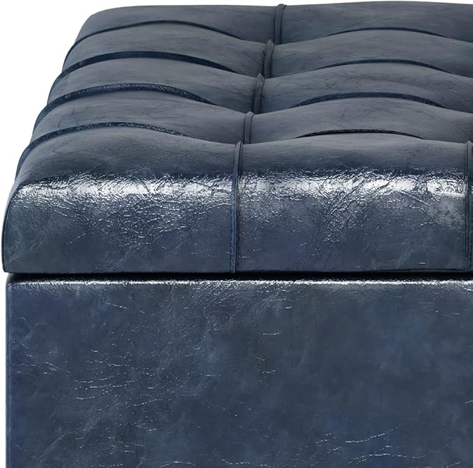 SIMPLIHOME Harrison 36 inch Wide Transitional Square Coffee Table Storage Ottoman in Denim Blue Vegan Faux Leather, Assembled, For the Living Room and Bedroom