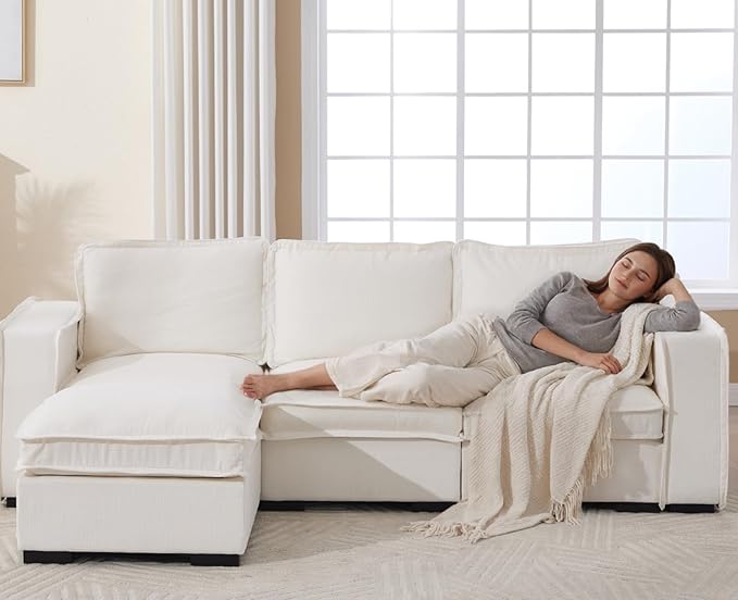 EALSON 93 Inch Modular Sectional Sofa Modern Comfy 3-Seater Couch Sofa Linen Fabric Upholstered Cloud Couches with 24" Deep Seat and Wooden Legs for Bedroom/Living Room/Office, White