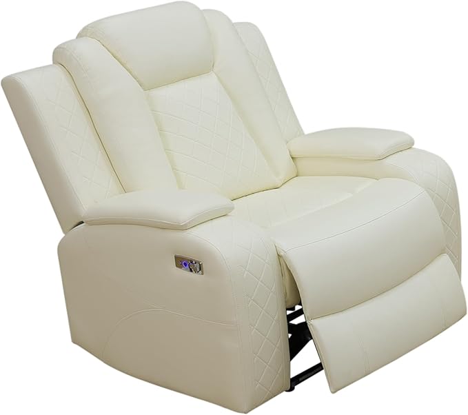 Power Recliner with LED, Creamy White Leather Reclining Chair for Living Room, Recliner Chair with Storage Armrest/USB Ports for Living Room/Bedroom/Office