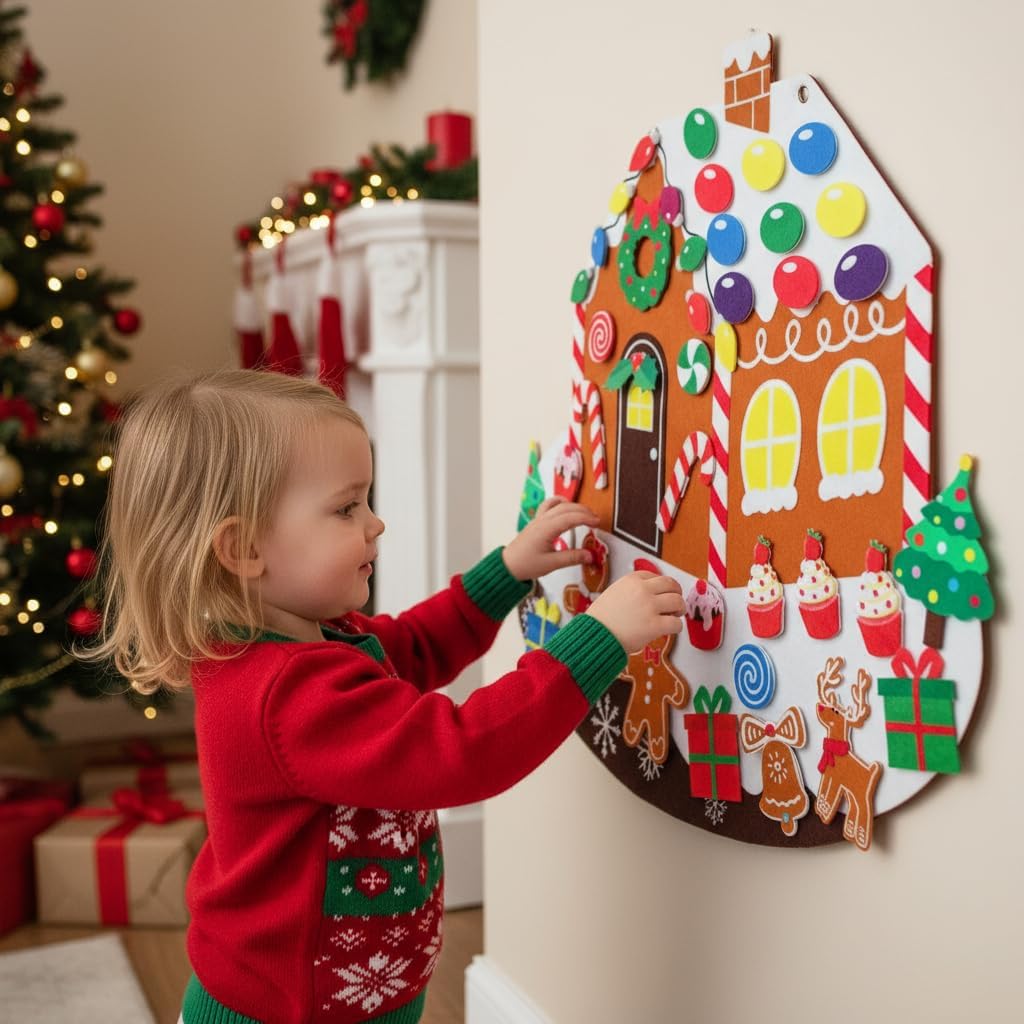 Felt Gingerbread House with Detachable Felt Christmas Ornaments, Festive Gingerbread Man Woman Story Board for Wall, DIY Montessori Activities for Little One Craft Kit Xmas Decor Party Favor