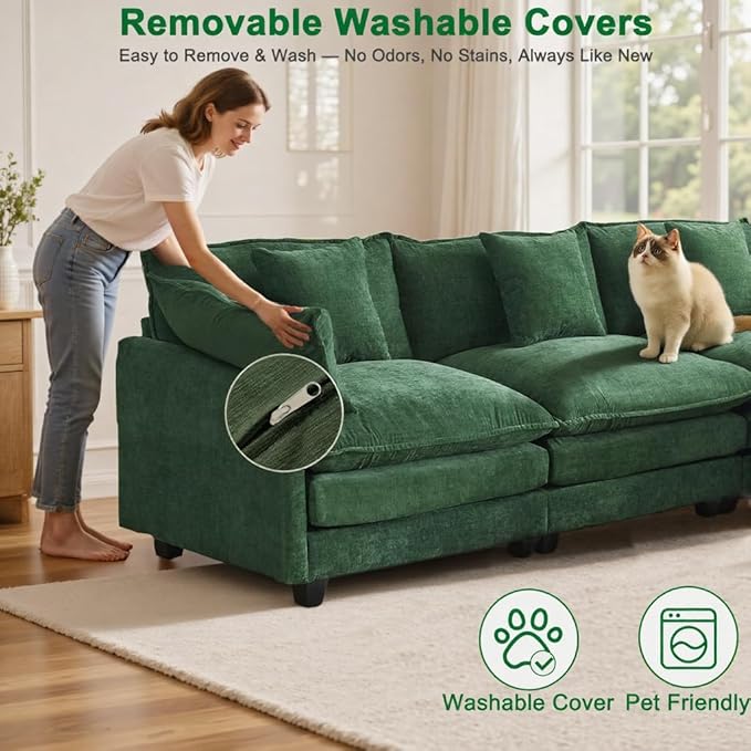 Expandable L-Shaped Sectional Sofa with Ottoman for Apartments, 77" Cloud Chenille Sofa, Create a U-Shape Layout with Optional 2nd Ottoman, Solid Wood Frame, Easy Assembly
