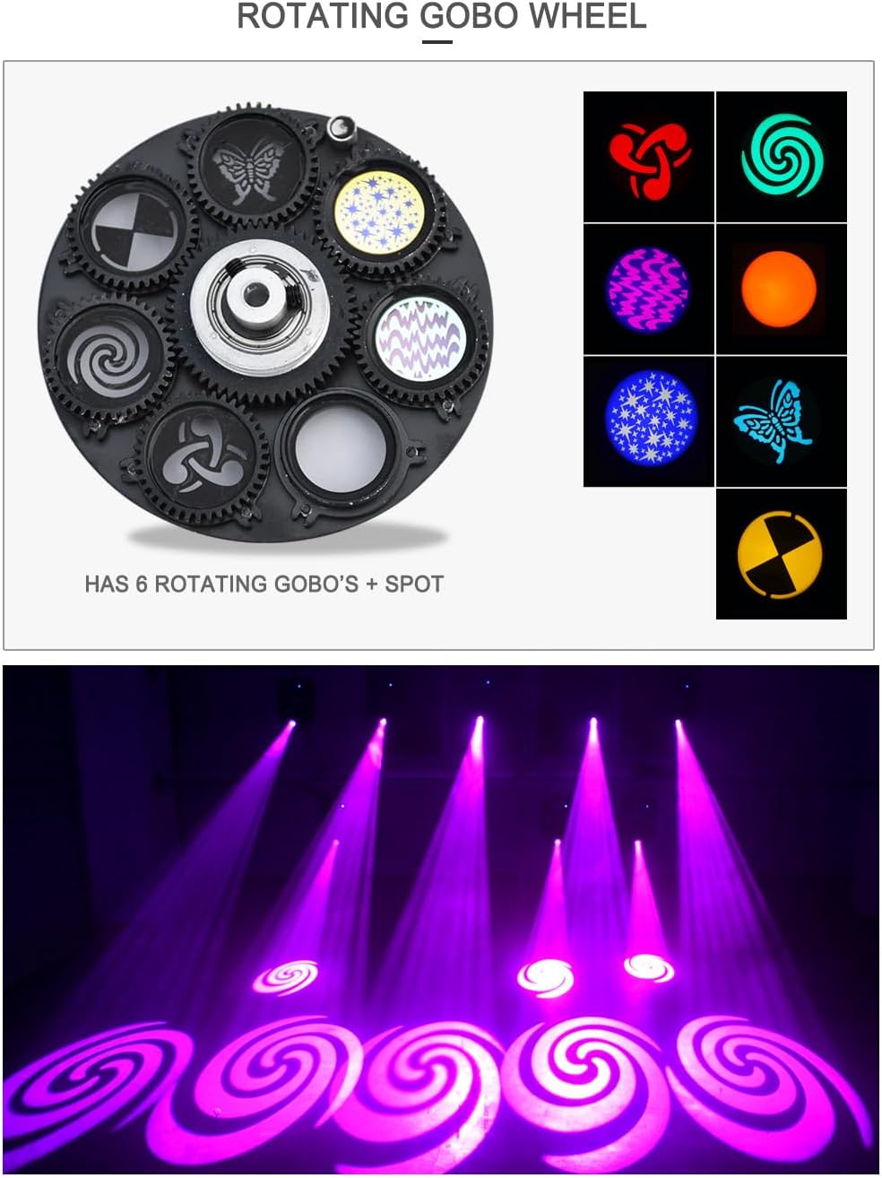 DJCLUB Moving Head Lights LED 100W Spot Effect with 6 Rotating & 7 Gobos 8 Colors Projector 5-Facet Prism by DMX512 Control Stage Lights for Disco Bar Wedding Party