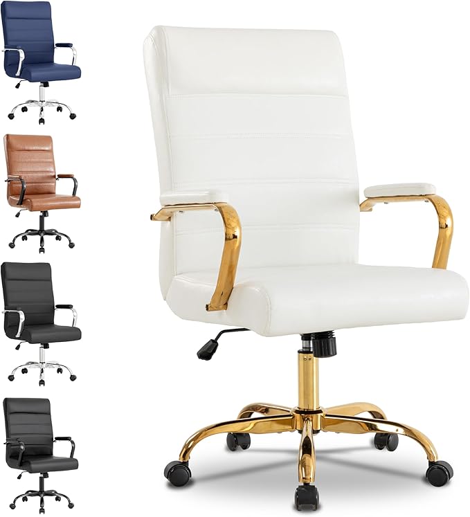 White and Gold Office Desk Chair, Modern Leather Conference Room Chairs, High Back Ergonomic Home ofiice Chair, Adjustable Height Swivel Executive Computer Chair with Padded Seat and Armrest