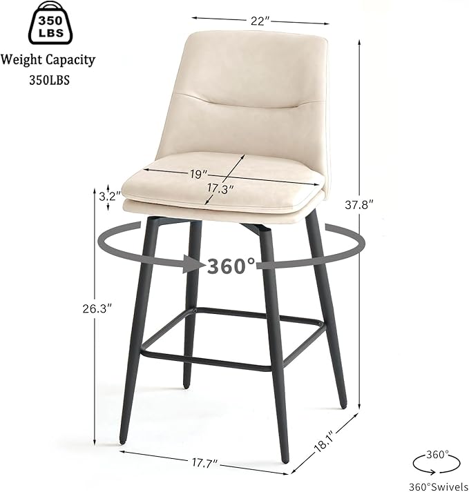Beige Counter Height Bar Stools Set of 3, 26 Inch Seat Height with Back and Metal Legs, 360° Swivel Upholstered Faux Leather Swivel Bar Stools