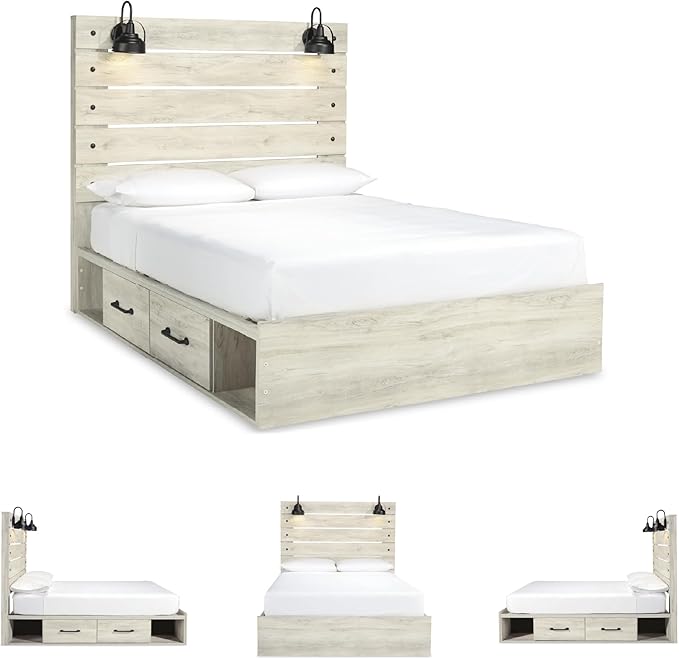Signature Design by Ashley Cambeck Farmhouse Queen Panel Platform Bed with 4 Storage Drawers, Cubbies, Sconce Lights and USB Ports, Foundation or Box Spring Not Needed, Whitewash