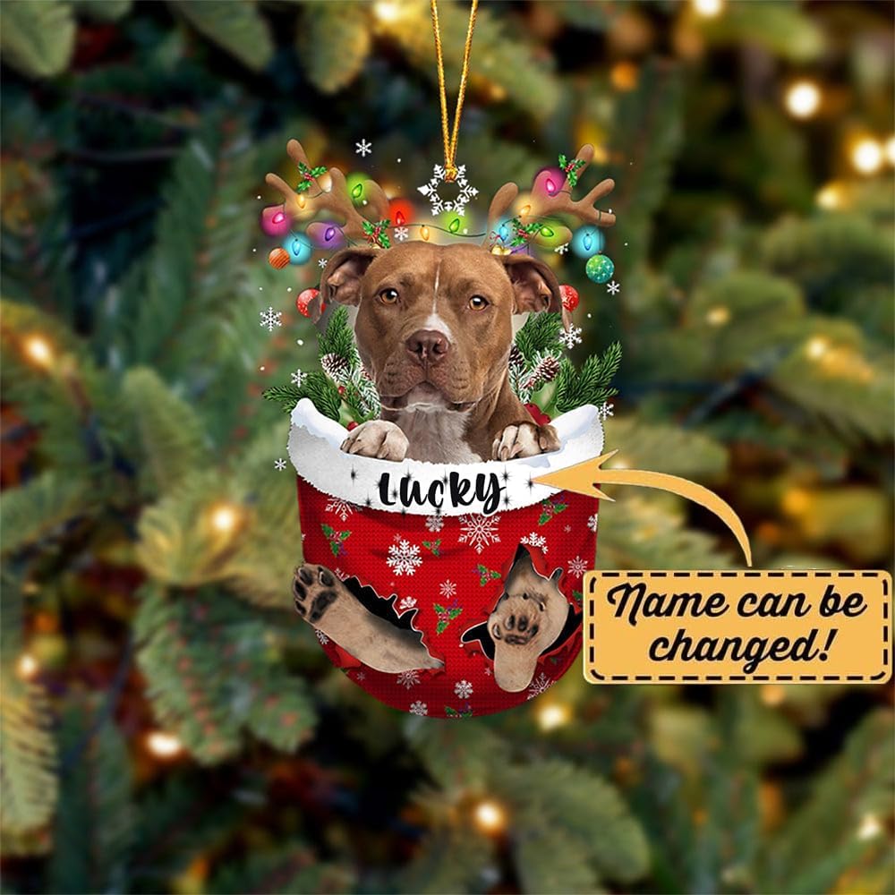 Brown Pitbull Dog Christmas Ornament, Brown Pitbull in Snow Pocket Christmas Tree Ornament, Dog Lovers Gift Idea Xmas Decor, Christmas Decorations for Tree, Christmas Ornament Gift for Dog Lovers