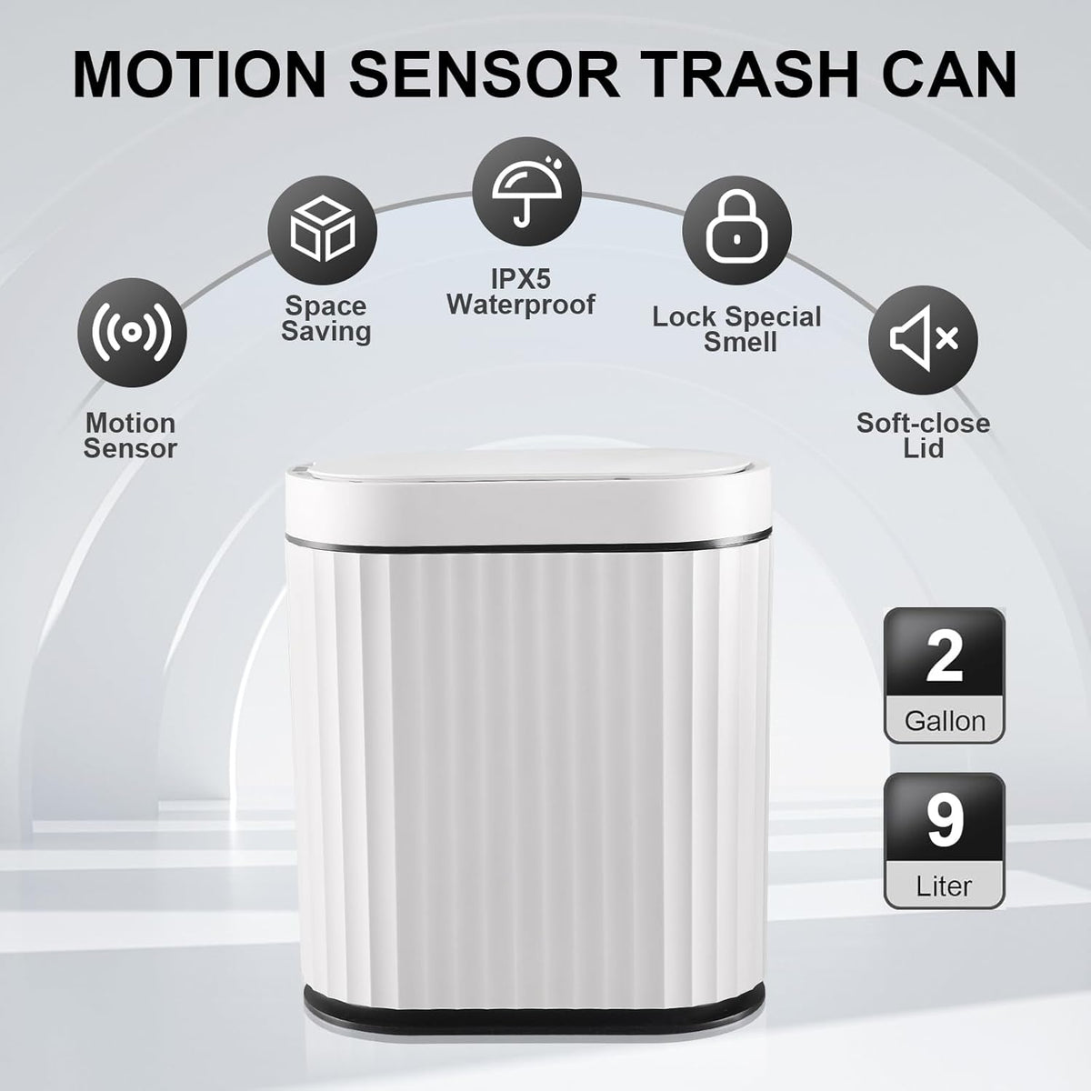 ELPHECO Bathroom Trash Can with Lid 2 Gallon Small Sensor Garbage Can, 9 Liter Slim Smart Trash Bin, Waterproof Automatic Wastebasket, Narrow Plastic Garbage Bin for Bathroom, Black and White
