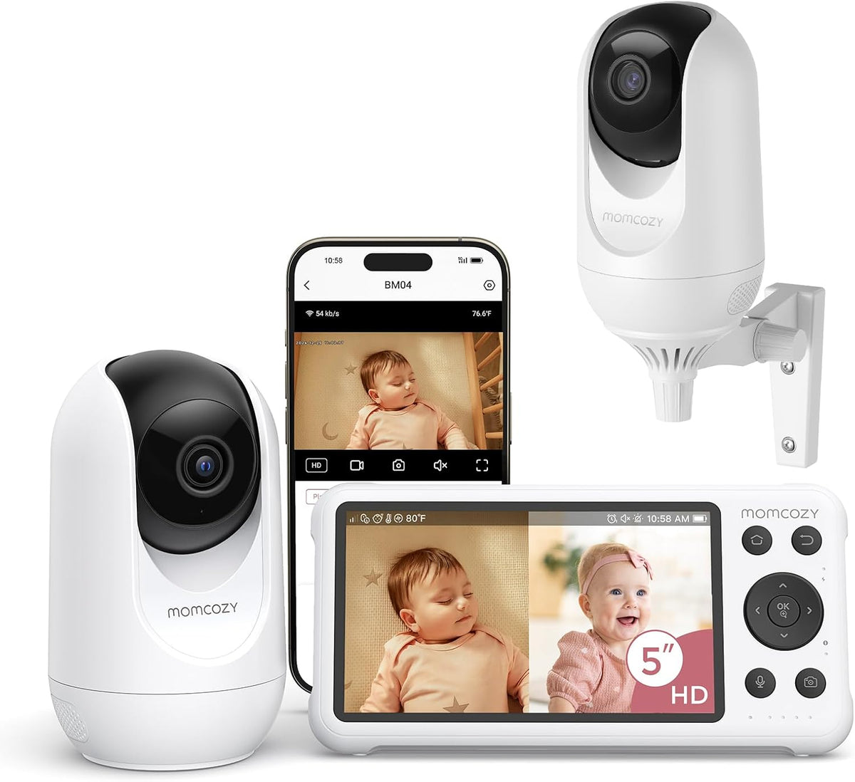 Momcozy BM04 Smart WiFi Baby Monitor with 2 Cameras, 5’’ 1080P Split Screen Video Baby Monitor with Camera and Audio, Clear Night Vision, 5000mAh Battery, 2-Way Audio