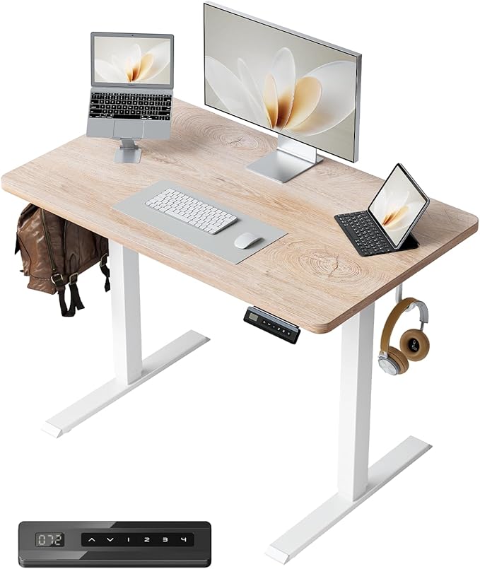 FEZIBO One-Piece Standing Desk Adjustable Height Stand up Home Office Desk, 40x24 Inch Electric Standing Computer Desk, with 4 Memory Presets, Headphone Hook, Maple