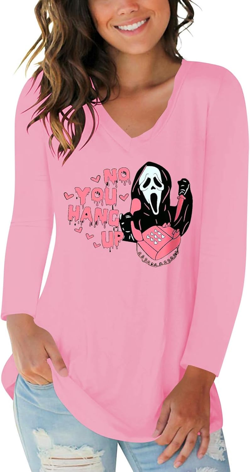 Tobrief Women's Long Sleeve V-Neck Shirts Fall Graphic Tees Loose Casual T-Shirt