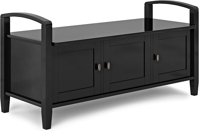 SIMPLIHOME Warm Shaker Entryway Storage Bench - 44 inch Wide Solid Wood Storage Seat in Black, Transitional Bench Seat for Mudroon or Living Room with Lift-Up Lid and Shaker-Style Panels