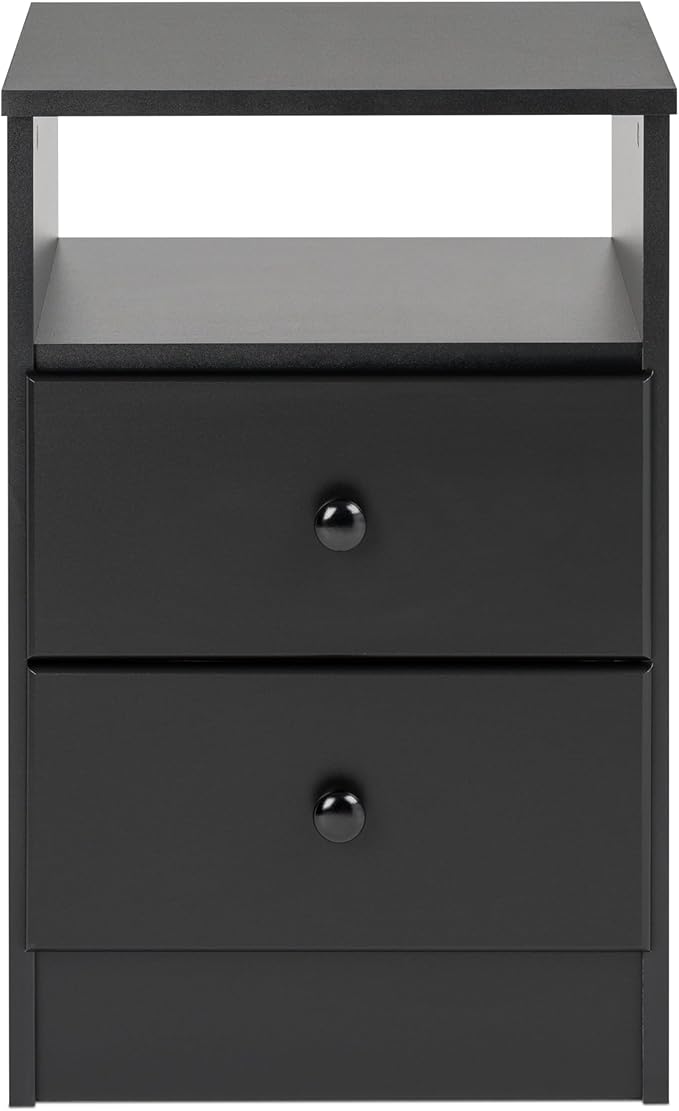 Prepac Astrid Simplistic Nightstand Side Table with 2 Drawers and Open Shelf, Functional Bedside Table 15.5" D x 16" W x 24.5" H, Black, BDNH-0402-1