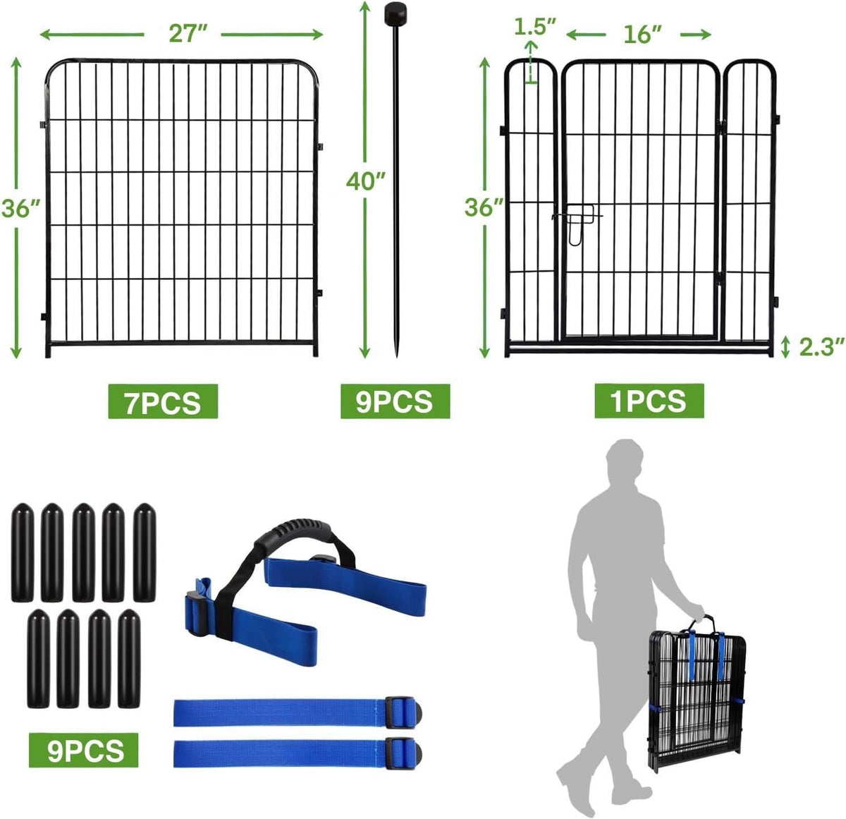 ADAVIN Garden Fence Panels, 36 Inch High, Black, Modern Style, 8 Panels Total 17.7 Ft(L) Tall, Low Threshold Door, Anti-Dig Fence Barrier