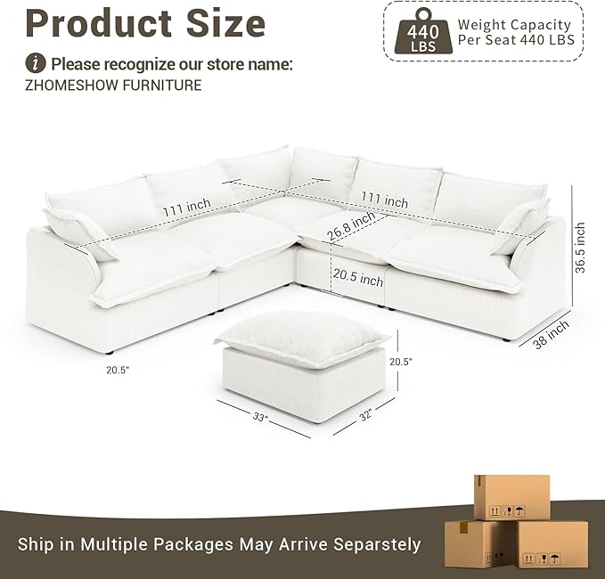 Oversized Cloud Modular Sectional Sofa, Comfy Down Filled Cloud Couch with Removable Cover, V Shaped 5 Seat Couch with Ottoman, Deep Seat Sectional Couches for Living Room, Cream White