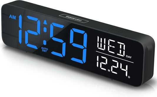 Peakeep Large Display Digital Alarm Clock for Bedrooms, Date Day of Week Calendar Desk Table Clocks for Living Room Office, Dimmable Plug in Electric Clock, 5 Volumes, Loud, Auto DST