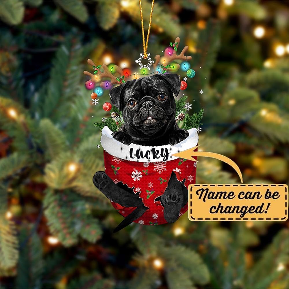 Black Pug Dog Christmas Ornament, Black Pug in Snow Pocket Christmas Tree Ornament, Dog Lovers Gift Idea Xmas Decor, Christmas Decorations for Tree, Christmas Ornament Gift for Dog Lovers
