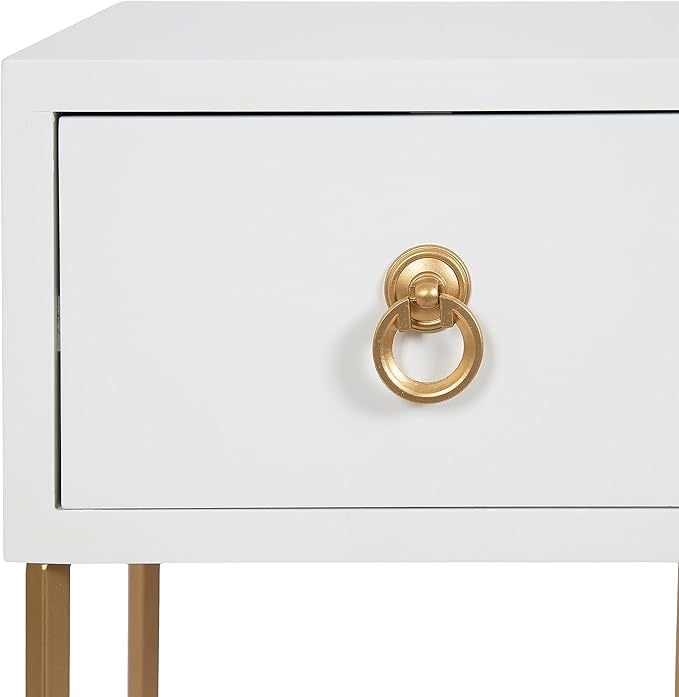 Kate and Laurel Decklyn Decorative Glam Tea Table; 12 x 12 x 30; White and Gold; Modern Living Room Drink Table with Pull Drawer for Useful Storage