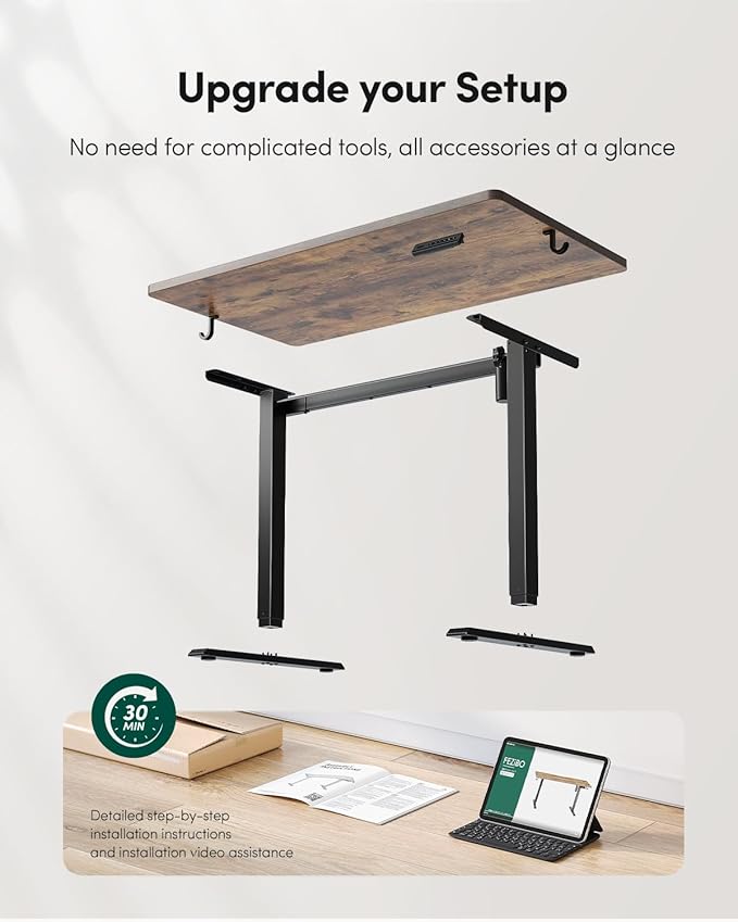 FEZIBO One-Piece Standing Desk Adjustable Height Stand up Home Office Desk, 40x24 Inch Electric Standing Computer Desk, with 4 Memory Presets, Headphone Hook, Rustic Brown