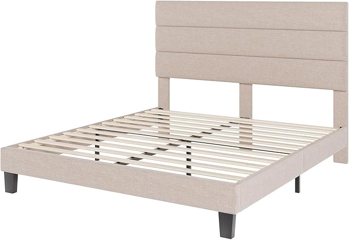 AMERLIFE Queen Size Bed Frame with Linen Upholstered Headboard, Modern Platform Bed with Wooden Slats Support, Noise-Free, No Box Spring Needed, Easy Assembly, Beige