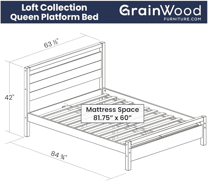 Grain Wood Furniture Loft Queen Size Solid Wood Bed, Weathered Pine
