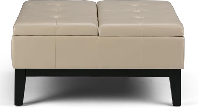 SIMPLIHOME Dover 36 inch Wide Contemporary Square Coffee Table Storage Ottoman in Satin Cream Vegan Faux Leather, Assembled, For the Living Room and Bedroom