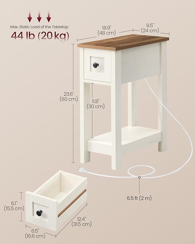 VASAGLE Narrow Side Table with Charging Station, Farmhouse End Table with Storage Drawer, Nightstand, Superfast Toolless Assembly, for Living Room, Bedroom, Honey Brown and Rustic White ULET328W01