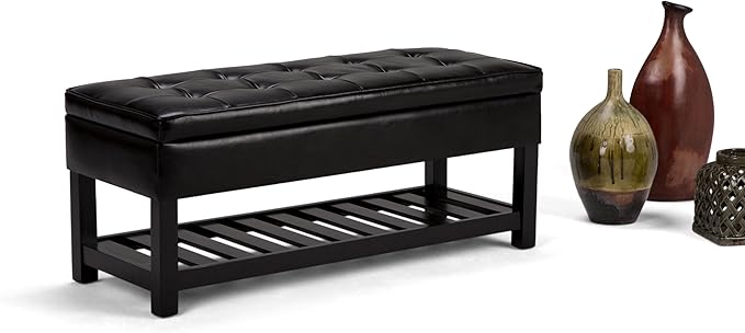 SIMPLIHOME Cosmopolitan Storage Ottoman Bench - 44 inch Wide Upholstered Vegan Leather Rectangle Storage Ottoman in Midnight Black, Transitional Bench for Bedroom with Tufted Lift-Top and Open Shelf